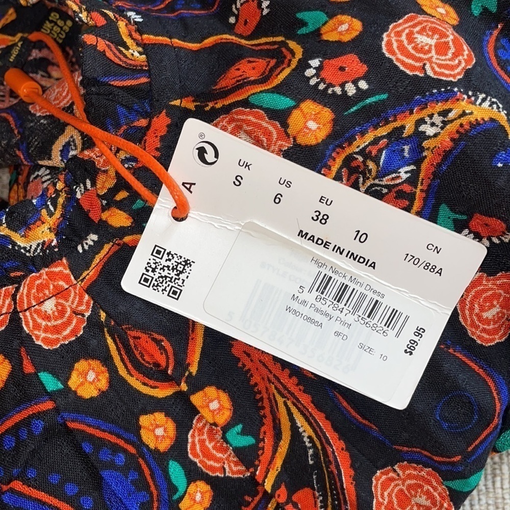 Superdry Multicolor Paisley High Neck Long Sleeve Cottagecore Boho Mini Dress - Picture 14 of 15